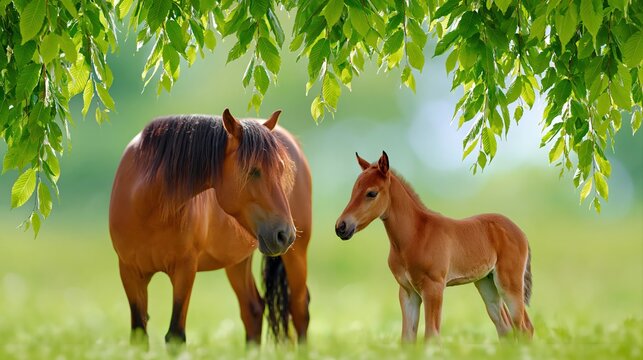 Mother Horse Looking Down at Filly in Nature