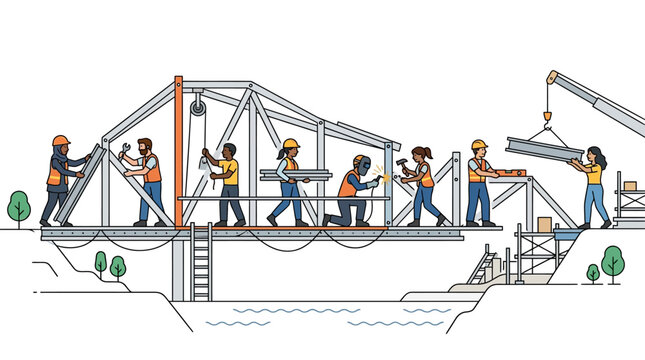 Diverse construction workers building a steel truss bridge structure.
