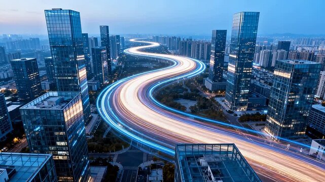 Modern city night aerial view with building lights and traffic light trails