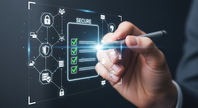 Digital compliance and data security concept featuring human hand using stylus on futuristic glowing holographic interface showing network protection and privacy authorization protocols.