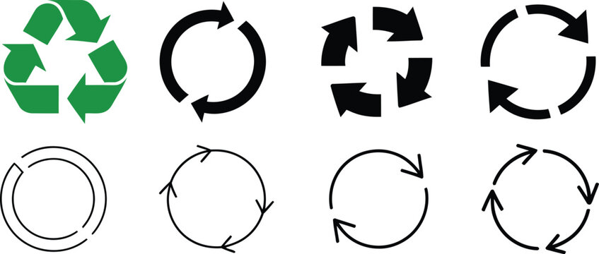 Set of green and black recycle arrows and circular reuse process symbols isolated on a white background
