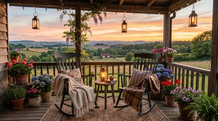 Naklejka premium Rustic porch with rocking chairs and lantern at sunset overlooking rolling countryside for relaxing cottagecore balcony wallpaper and background