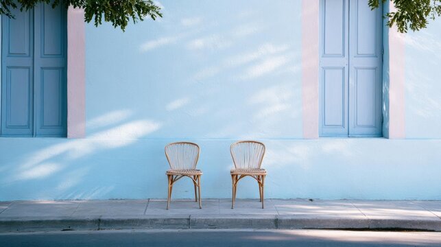 Two wooden chairs on a sidewalk in front of a blue wall with two blue doors. the wall is painted in a light blue color and has a pink trim around the edges.