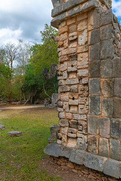 Temple decorations with hooked noses of rain God Chac, Chichen Itza, Yucatan, Mexico.