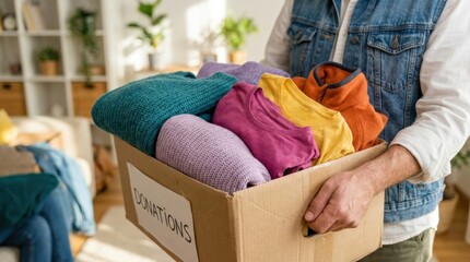 Obraz premium hands holding a donation box filled with colorful folded clothes, close-up of denim vest and white shirt, charity giving and recycling concept