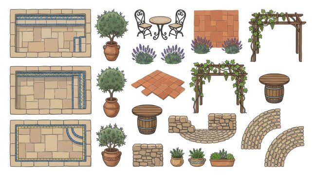 Set of garden design elements with stone walls paths trees pergolas and patio furniture for landscape architecture planning and top view yard decoration
