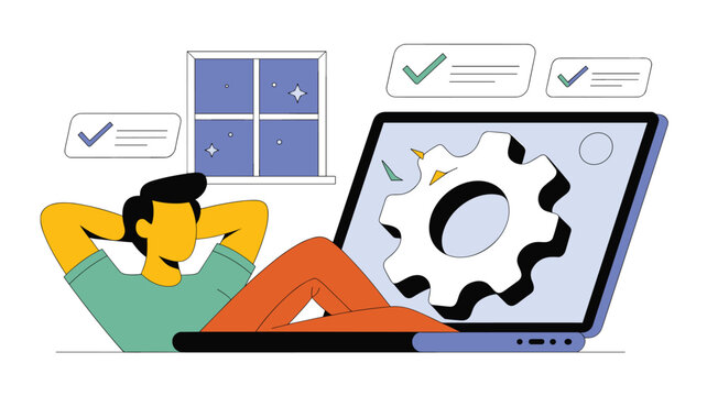 Man relaxing in his chair with feet up on a desk while a large laptop screen displays a gear icon for automation or system update at night.