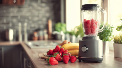 Fototapeta premium Blender with fresh strawberries and bananas on kitchen counter for healthy smoothie