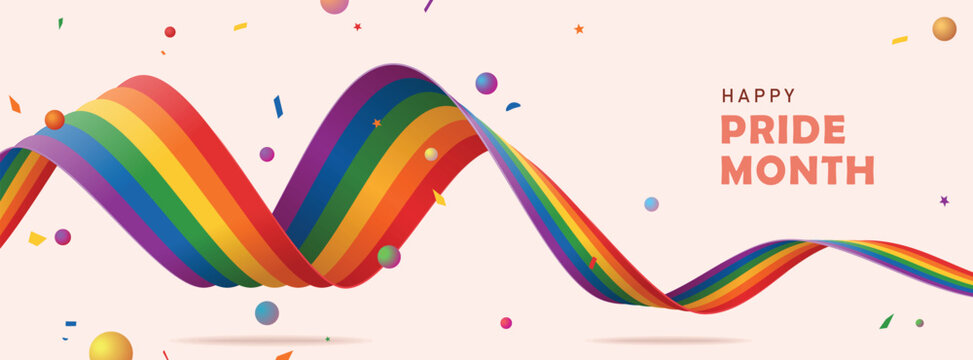 lgbtq pride month banner design with heart shape wavy ribbon on light background