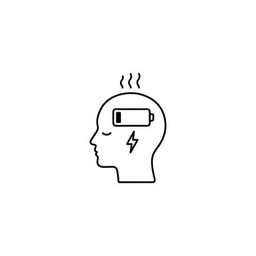 Exhausted mind, drained brain, low energy, mental fatigue, vector icon