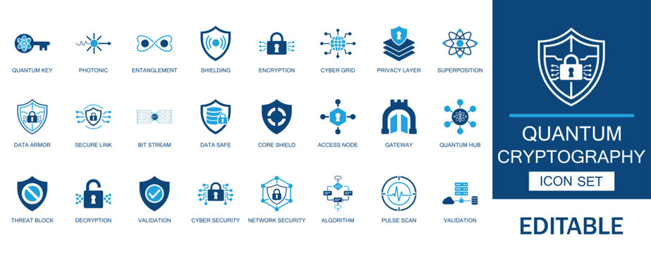 Quantum cryptography & data shielding icon set. Features advanced encryption, post-quantum security, photonic key & futuristic cyber protection symbols for technology.