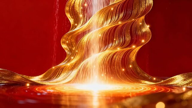 Golden waving ribbon structure with sparkling particles on deep red background