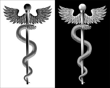 Rod of Asclepius staff medical symbol. Snake around rod or wooden staff. Often mistakenly called Caduceus. Doctor medicine and health care icon. Vintage woodcut etching style. Also features wings.