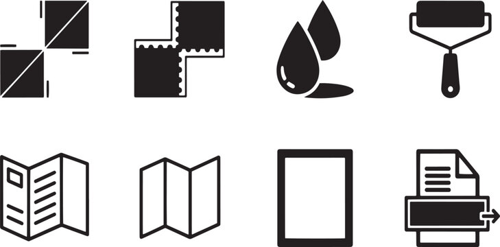 Printing and Graphic Design Icon Set with Brochure Mockup Paint Roller Ink Drops Paper Printer Trimming Marks and Digital Tablet Black Vectors