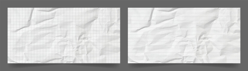 White Paper Sheet Set with Check Grid Lines Overlay and Crumpled. Background with Crumpled Paper Texture Checkered Surface Lined. Sheet Notebook Page Backdrop with Mathematical Graphic Squares. Trendy © T. Lusin