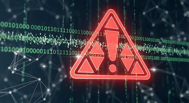 Digital cybersecurity warning alert featuring red exclamation triangle symbols and scrolling binary code sequences over a futuristic abstract blurred technology background interface design.