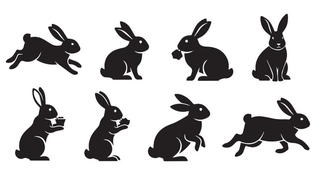 Rabbit silhouettes in various playful poses against a white backdrop symbolizing spring and Easter celebrations