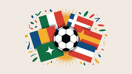 Obraz premium Soccer ball surrounded by various national flags and colorful confetti, symbolizing an international sports tournament.