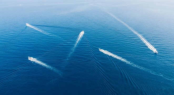 Vast deep blue ocean panorama with numerous tiny leisure boats creating beautiful white foamy trails across the tranquil seascape