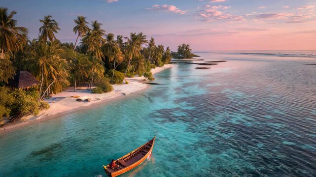 Aerial view of a boat near a tropical beach at sunset