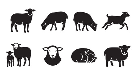 Obraz premium Sheep and lamb silhouettes in various poses against a white background illustrating farm life and innocence