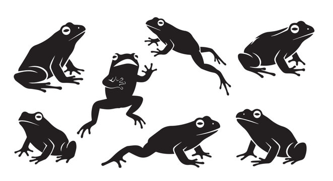 Seven frog silhouettes in various leaping and resting poses against a white background for natural element concepts