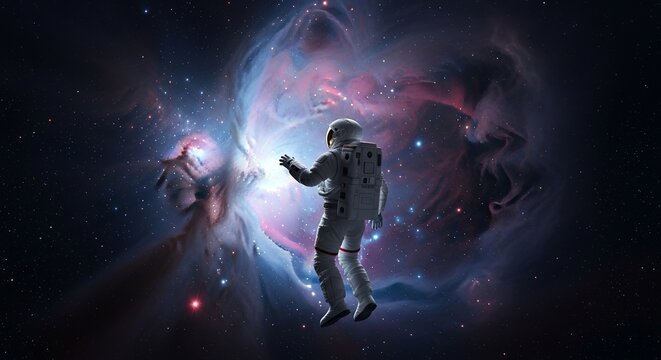 Astronaut exploring vast cosmic nebula and starry galaxy, symbolizing scientific discovery, space exploration, and the boundless wonders of the universe.