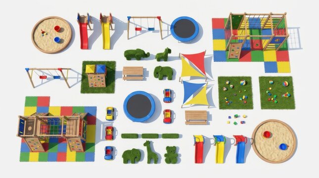 Top view of colorful kids playground equipment set with slides swings trampolines and play structures for park or backyard activity