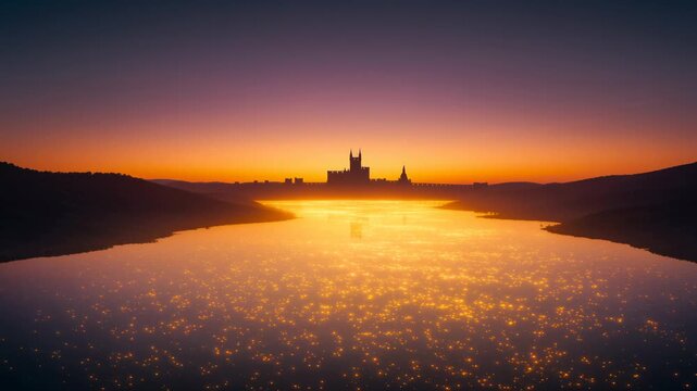 Majestic Castle Silhouette at Sunset Over Glowing Lake