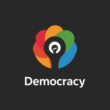 Democracy concept logo design featuring a lightbulb shaped icon with colorful abstract petal elements.