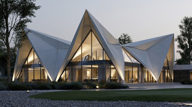 Modern luxury contemporary villa with unique angular triangular folded roof design surrounded by green landscape during dusk showing futuristic architecture