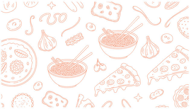 Pink and orange floral and leaf patterns on white background