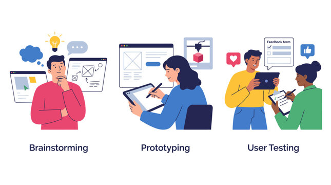 This image depicts a creative process involving brainstorming sessions, prototyping developments, and user testing to ensure effective design procedures for tech innovation.