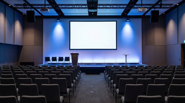 Empty modern conference hall with large projection screen and podium for presentation background and corporate event setup