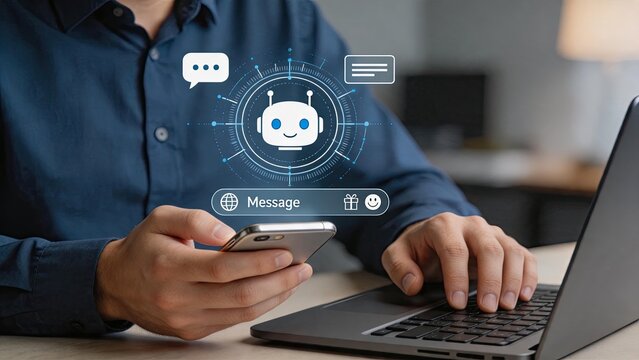 Person using phone and laptop with robot chat, multi-device interaction, seamless communication, cross-platform messaging, unified inbox, digital assistant, friendly bot, emoji