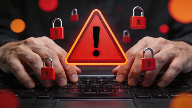 Cyber security warning alert with red locks on keyboard, data protection and hacking threat concept