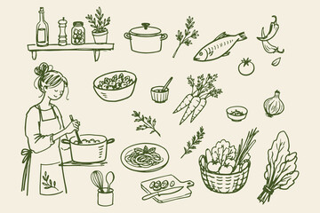 Home Cooking Food Ingredients Green Ink Sketch Set Vector © Victoria