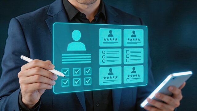 Manager evaluating employee performance using digital rating system on tablet with stylus, showing profile icons, star ratings, checklist boxes and feedback forms for HR review