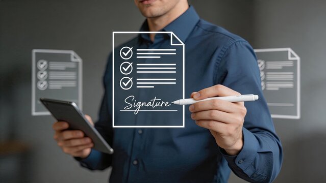 Executive signing digital document on tablet with electronic pen, featuring signature line, checklist items and floating contract pages for legal agreement, e-signature workflow