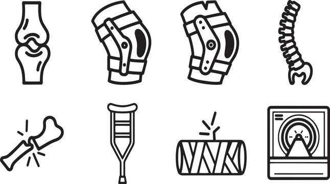 Orthopedic Treatment and Trauma Recovery Icon Set: Knee Brace, Spinal Column, Bone Fracture, Crutches, and MRI Scan Symbols