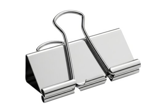 A close-up view of a silver-colored metal binder clip in a neutral background