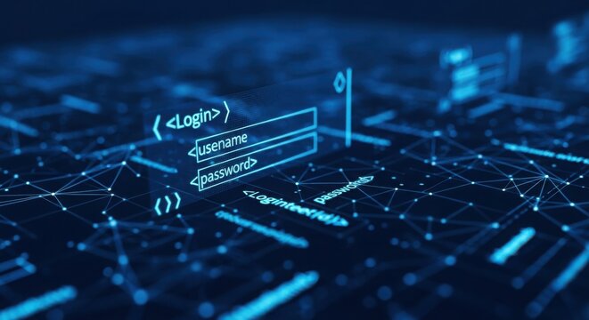 Digital login interface with data network connections and abstract code