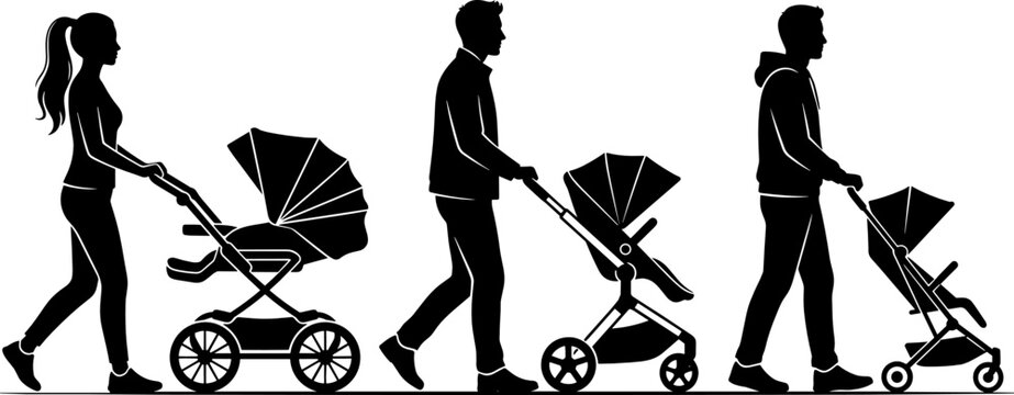 Parents Walking with Baby Strollers Silhouette Set Featuring Mother and Fathers Pushing Prams and Buggies for Family, Parenting, and Newborn Concept Designs