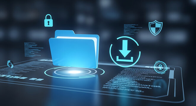 Digital cloud storage interface featuring a luminous glowing folder icon with a download symbol and sophisticated cyber security elements displayed in a high-tech virtual network environment.