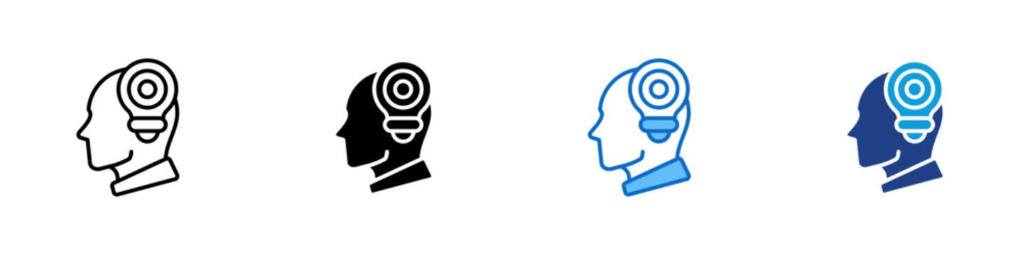 Critical Thought Multiple Style Icon Design Vector - Head with target bulb representing analytical thinking, critical evaluation, and problem solving