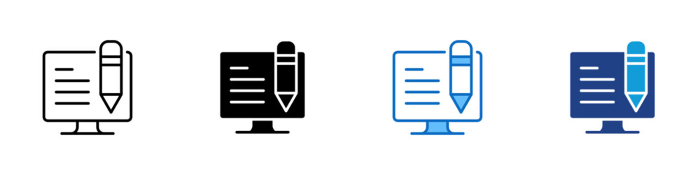 Digital Writing Multiple Style Icon Design Vector - Computer monitor with document and pencil representing digital content creation, online editing, and remote writing