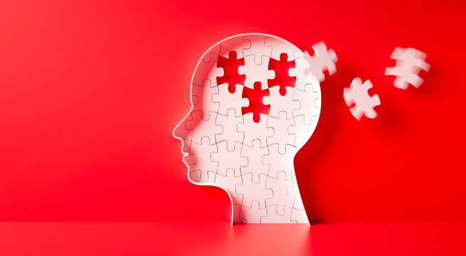 Head and brain diseases concept - missing pieces flying of the brain puzzle on red background with copy space