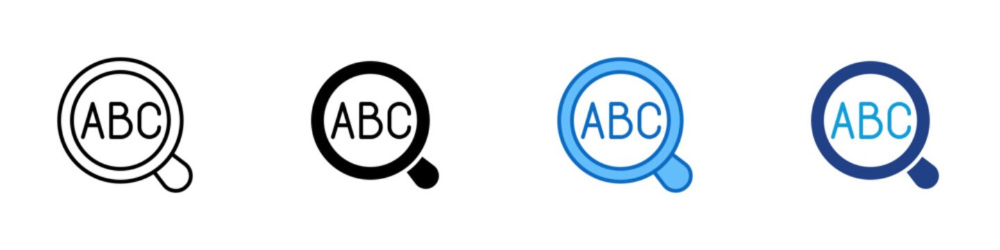 Grammar Checking Multiple Style Icon Design Vector - Magnifier with alphabet letters representing grammar correction, language review, and proofreading analysis
