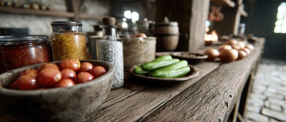 Fototapeta premium Rustic Kitchen Interior with Fresh Vegetables, Spices, and Eggs on a Wooden Table