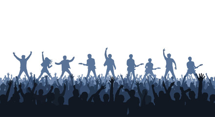 Naklejka premium Silhouette of a rock band performing live on stage before a cheering crowd.